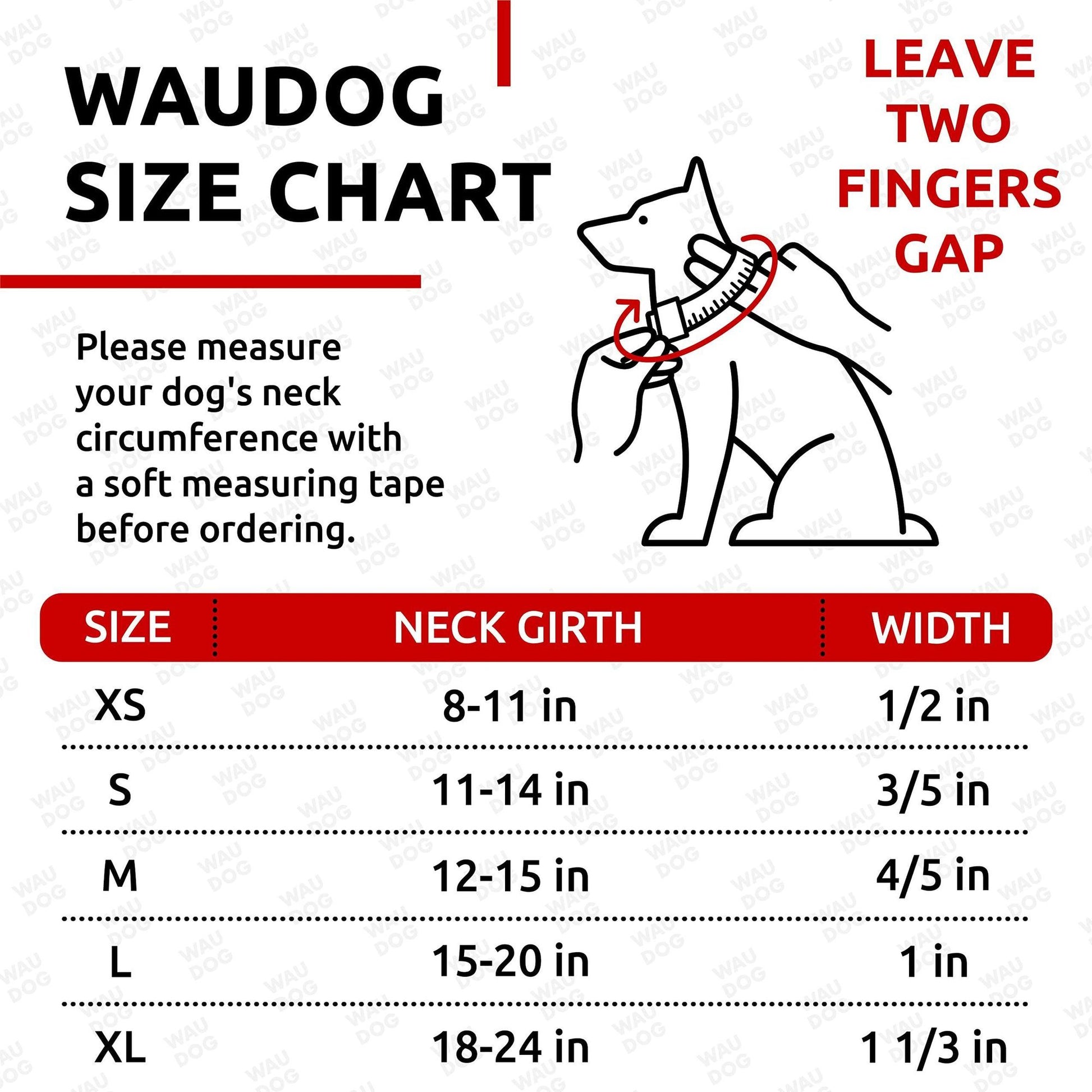 Waudog size chart for dog collars with measurements and instructions.