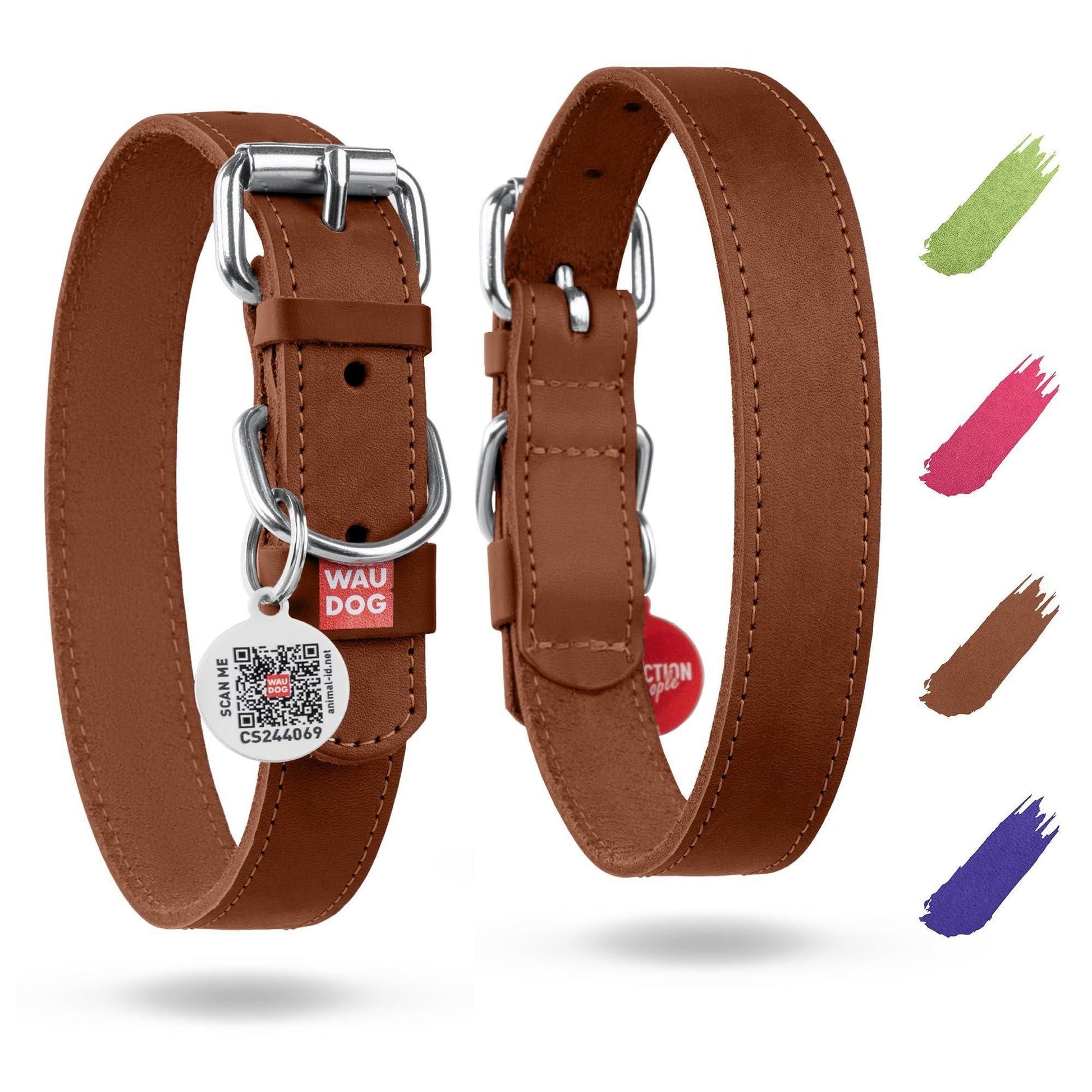 Brown leather dog collar with metal buckle and tags 